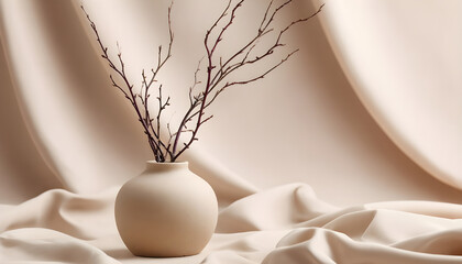 A small round beige vase with bare twigs, set on soft draped fabric.