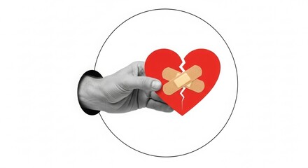 Hand holding a broken heart with adhesive bandage in circle  