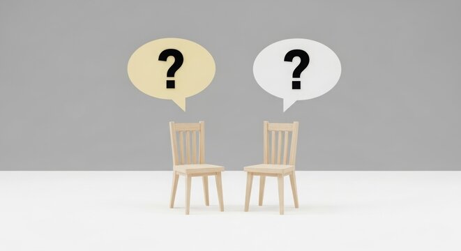 Two chairs facing each other with speech bubbles and question marks