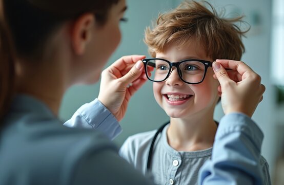 Young boy visits eye doctor for exam. Female ophthalmologist helps child to put on glasses for vision check at clinic. Medical stuff in hospital. Healthcare professional cares about patient