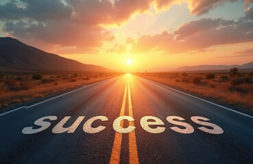 Open road leads to sunset sun with word success written on asphalt. Journey toward goal and achievement begins. Mountains, dry grass, and clouds frame path.