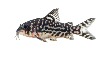 Detailed Studio Shot of a Panda Corydoras Fish Isolated on Black Background