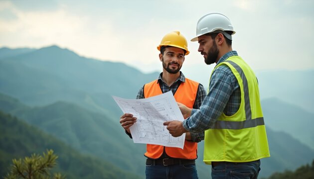 Two men in hard hats and safety vests review a blueprint on a mountain. Engineers plan construction project with plans outdoors. Teamwork in nature for green energy. - Powered by Adobe