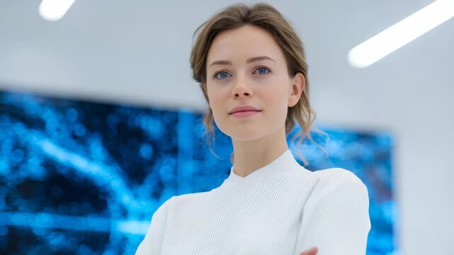 A professional woman in a white outfit poses in a high tech office environment, exuding confidence and leadership. Blue digital screens suggest innovation, science, and a forward thinking mindset