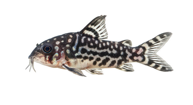 Detailed Studio Shot of a Panda Corydoras Fish Isolated on Black Background