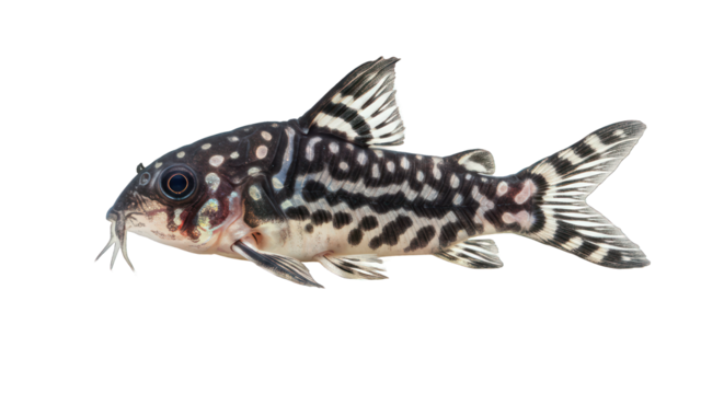 Detailed Studio Shot of a Panda Corydoras Fish Isolated on Black Background