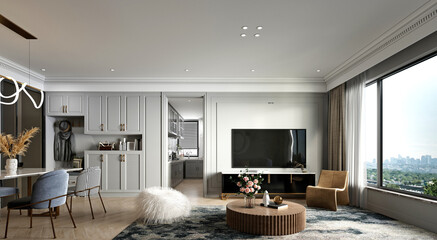 3d render modern home interior living room, dining space