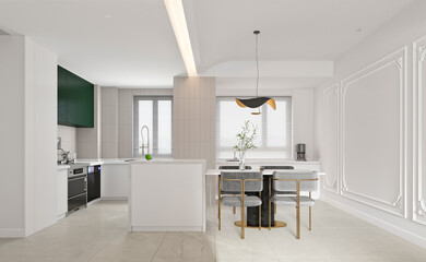 3d render modern home interior living room, dining space