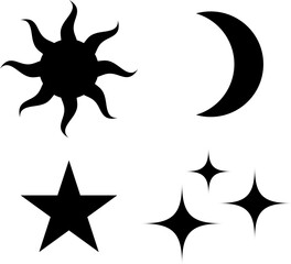 Silhouettes of symbols of sun, moon and stars.  Isolated vector set in black. Transparent background 