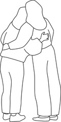 Isolated outline illustration of two standing women hugging each other. Vector image with transparent background.