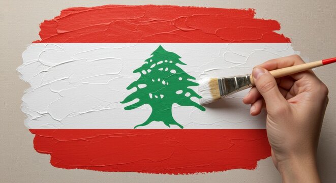 Painting Lebanon Flag: A hand meticulously paints the iconic flag of Lebanon, a symbol of national pride and cultural identity, brushstrokes bring the vibrant colors to life.