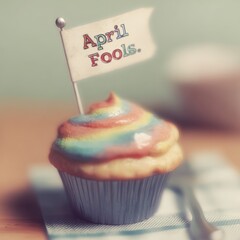 Rainbow cupcake with flag celebrates april fools day against blurred background