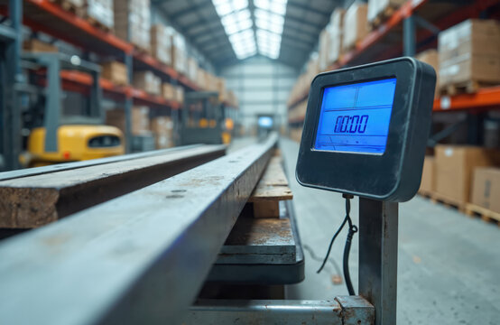 Digital scale measures load in warehouse. Metal bars rest on pallet. Forklift in background. Industry equipment for checking weight. Precise measurement system.