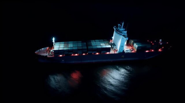 Aerial view of cargo ship at night with illuminated cargo containers on deck and water surface. The ship is illuminated with red and blue lights.