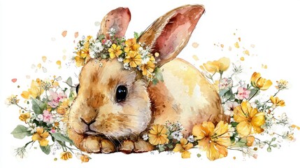 A cute rabbit adorned with a floral crown, surrounded by vibrant wildflowers, creating a whimsical and joyful scene.