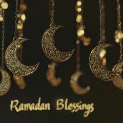 Decorative crescent moon ornaments hanging against a dark background