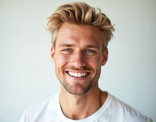 Young blonde man smiles widely, showing perfect white teeth. He has stylish messy hair, bright blue eyes, and strong jawline. Guy looks fresh, confident, good health.