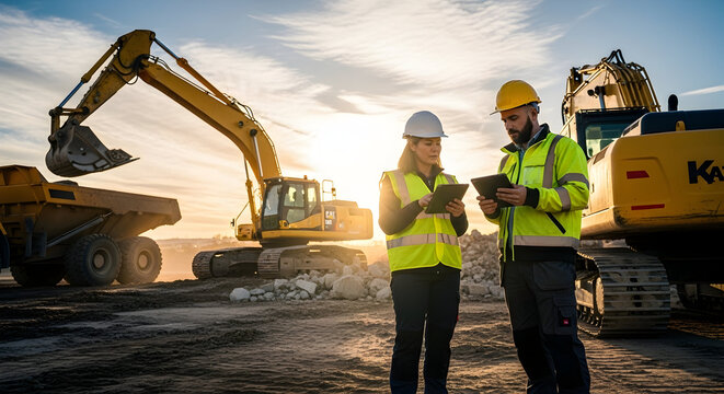 Construction professionals in hard hats and safety vests collaborate on project plans using digital tablets at a vibrant industrial heavy equipment site during a beautiful golden hour.