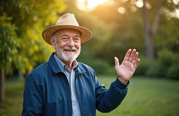 Elderly man wears straw hat, blue jacket, smiles. Waves hand, greets cheerfully in sunny park. Grandfather enjoys nature, warm summer evening light, feeling happy, showing friendly emotion, looking
