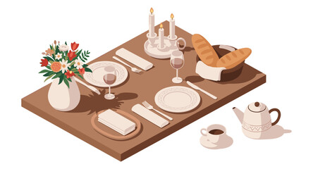 Elegant dining table setting with candles, bread, and flowers in isometric style