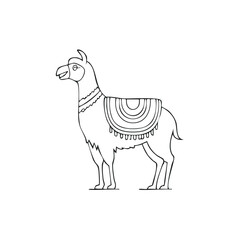 Naklejka premium Hand-drawn llama with traditional saddle blanket coloring book vector illustration clip art, Andes mountain animals in South America