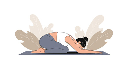 Woman practicing yoga in child pose with nature-inspired background