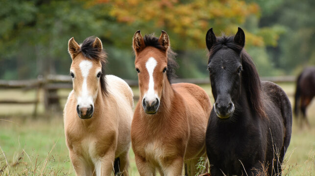 A close-up horizontal portrait of three adorable foals (young ponies) standing side-by-side in a green pasture, featuring three distinct coats black, chestnut, and palomino.