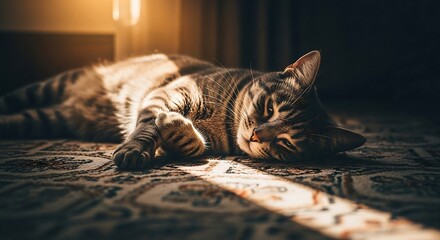 Tabby cat napping on a rug bathed in sunlight resting comfortably in a home creating a warm cozy mood ideal for pet blogs  home decor
