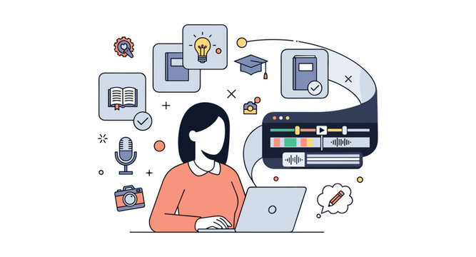 Person at laptop surrounded by icons representing education and media