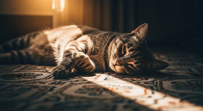 Tabby cat napping on a rug bathed in sunlight resting comfortably in a home creating a warm cozy mood ideal for pet blogs  home decor