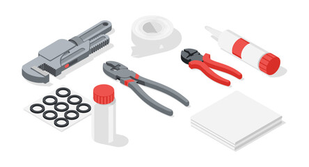 Isometric plumbing tools set with pliers, tape, and sealant