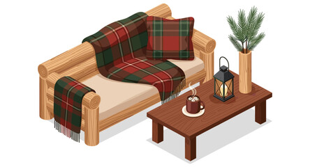 Cozy isometric living room with rustic sofa, plaid blanket, and coffee table scene