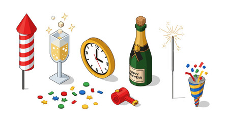 Festive new year celebration elements with fireworks and champagne in isometric style