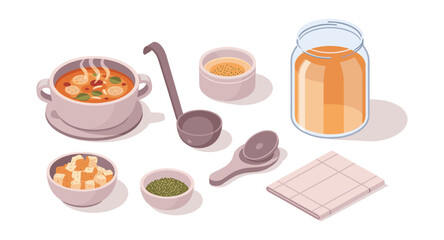 Warm soup meal with ingredients and kitchen utensils in isometric style