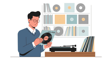 Man discovering rare vinyl records in a retro music store with turntable