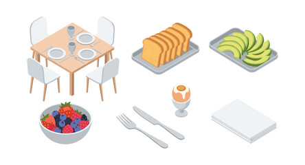 Isometric breakfast essentials: fruits, avocado, toast, and table setting
