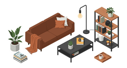 Cozy living room with modern isometric furniture and decor elements