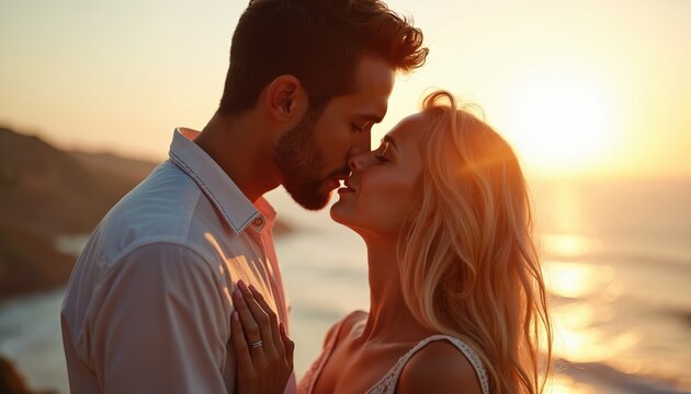 Young couple kisses by the sea during golden hour. Woman touches man chest, wearing ring. Romantic moment outdoor, celebrating love and union.