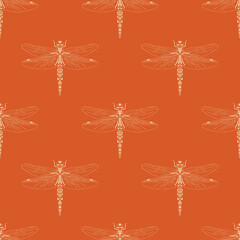 Vector seamless dragonfly hand drawn pattern  on orange background