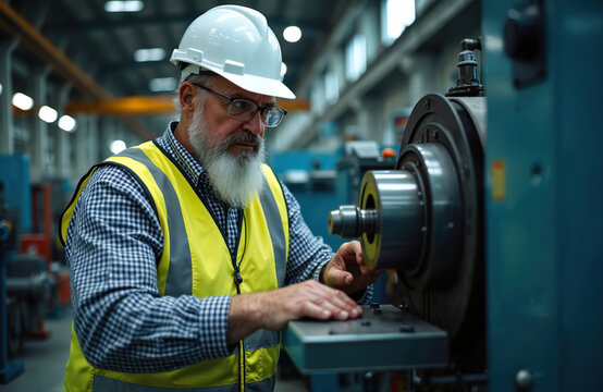 Experienced senior engineer wears hard hat, vest, checks complex machinery operation in manufacturing factory. Focused man with beard works, ensures equipment functions properly at industrial