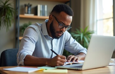 Obraz premium Young black man with glasses works on laptop at home table. He writes notes in notebook. Focused student studies online, does remote freelance job. Adult male plans project.