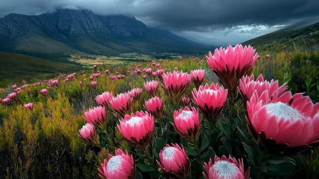 Majestic Protea flowers in bloom against a breathtaking mountain landscape with dramatic skies and