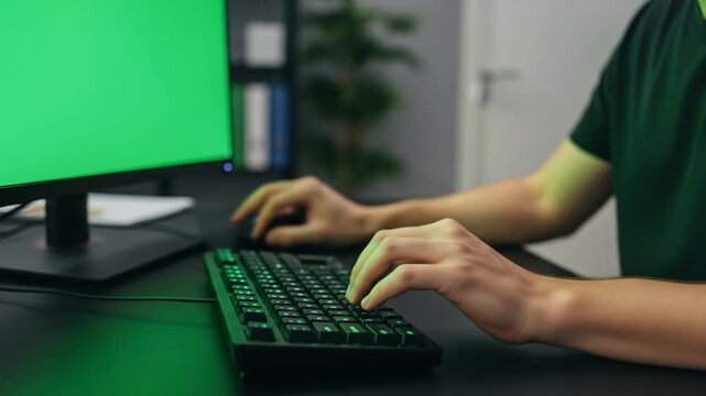 Gamer playing with green screen monitor for streaming or video editing adding custom backgrounds for immersive experience and engaging content