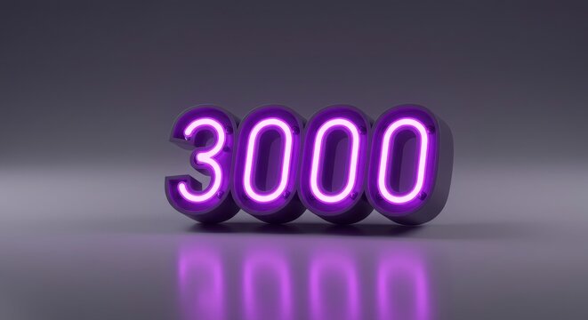 3000 Neon Number: Illuminated by vibrant neon lights, the number 3000 shines against a sleek backdrop, creating an eye-catching visual of digital age.