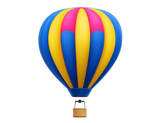 Fototapeta premium Hot air balloon with vibrant blue, yellow, and pink stripes, isolated on transparency background, whimsical and cheerful, perfect for travel or adventure themes