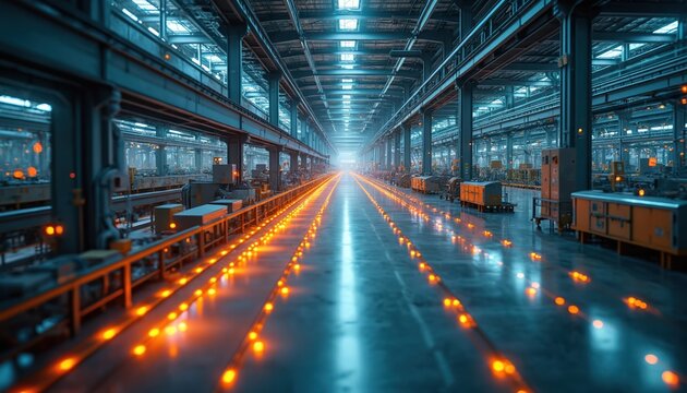Modern factory interior with automated assembly line. Futuristic production facility with blue, orange lights, robotic arms, conveyer belts. Advanced manufacturing plant ready for Industry 4. 0.