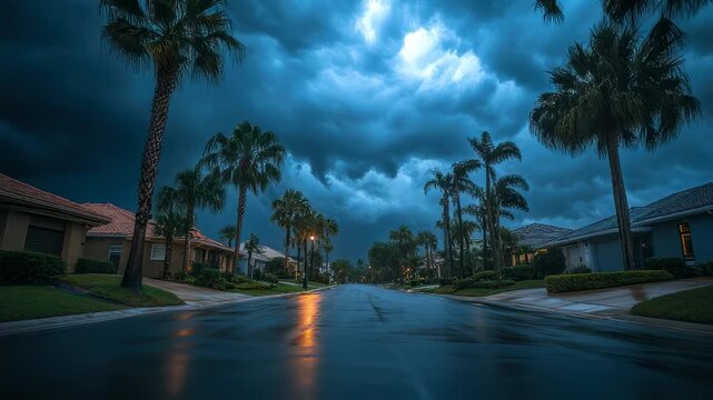 Dramatic storm clouds over a rainy suburban street with palm trees and houses, creating a moody