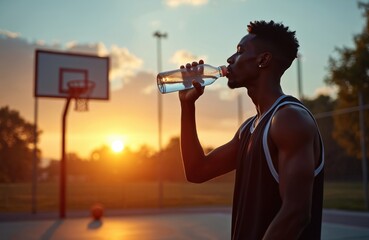 Young black man drinks water from bottle on basketball court. Rehydrates after sport workout during beautiful sunset. Athlete takes refreshing break at outdoor park. Hydration vital for health,