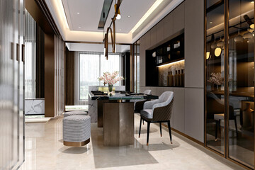 3d render of modern luxury home interior living and dining room