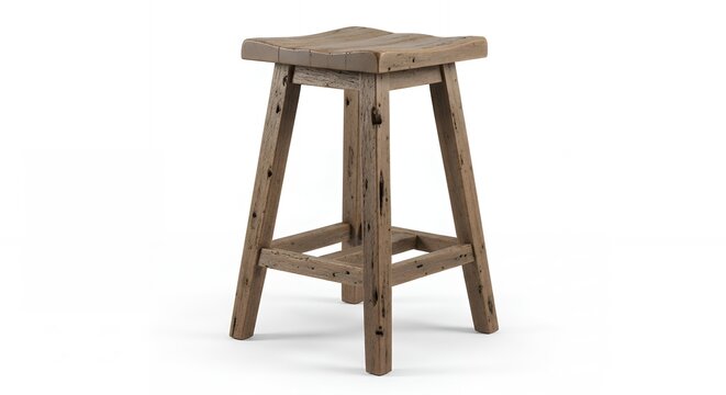 Rustic wooden stool with square seat and triangular leg supports.
